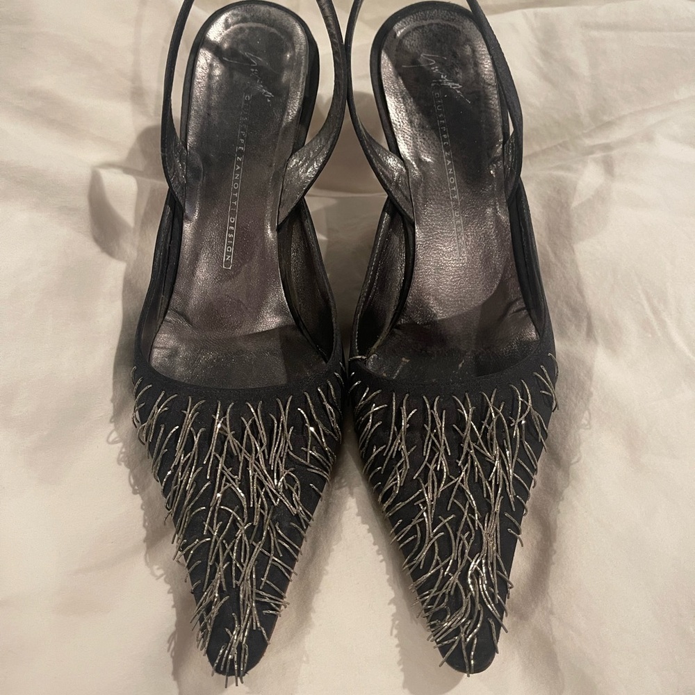 Vintage Giuseppe Zanotti slingbacks.  Black crepe with silver fringe.  Size 6.5.